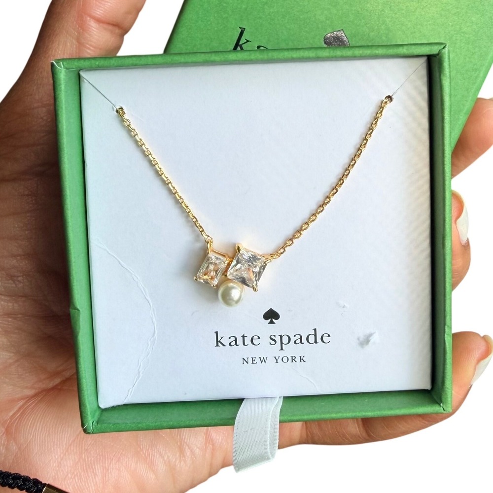 Kate Spade Victoria Necklace Gold Tone Clear Crystal Faux Pearl KJ795